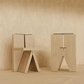 Modern Minimalist Wooden Dining Chairs With Geometric Structure Against Wooden Wall