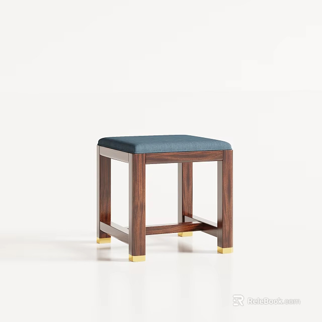 Modern Wooden Stool With Blue Cushion Gold Legs And Minimalist Design 3d model 