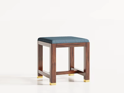Modern Wooden Stool With Blue Cushion Gold Legs And Minimalist Design 3d model