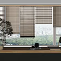 Bamboo Blinds in Modern Indoor Space With City View Green Trees and Potted Plant Chair