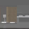 Spacious Public Restroom With Multiple White Countertop Sinks Wooden Partitions And Mirror