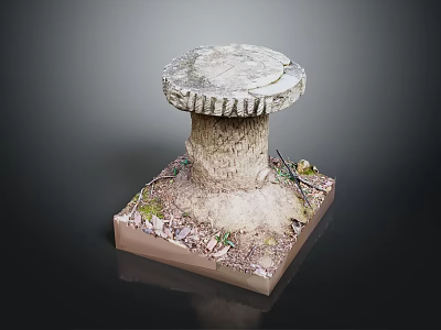 Natural Rustic Stone Stool With Square Base Round Textured Top Moss And Small Plants 3d model