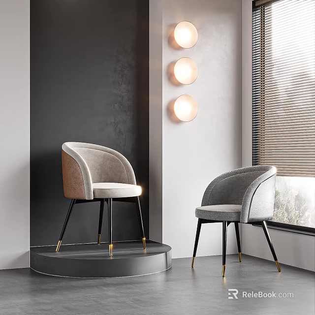 Modern Leisure Chairs with Light Gray Beige Upholstery Black Gold Legs Round Lamps Window Side 3d model 