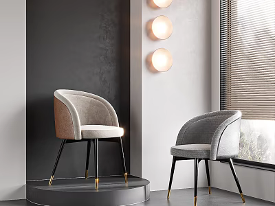 Modern Leisure Chairs with Light Gray Beige Upholstery Black Gold Legs Round Lamps Window Side 3d model