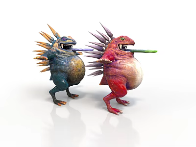 Two Vibrant Spiked Fantasy Creatures With Colorful Bodies And Green Objects 3d model