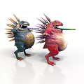 Two Vibrant Spiked Fantasy Creatures With Colorful Bodies And Green Objects