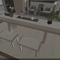 Minimalist Wooden Tea Table and Stools With Tea Set Decorative Plant and Beige Rug