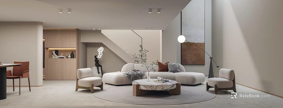 Duplex Living Room Interior Design With Curved Sofa Marble Coffee Table Staircase And Floor Lamp 3d model 