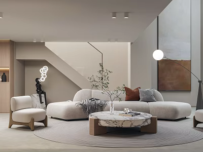 Duplex Living Room Interior Design With Curved Sofa Marble Coffee Table Staircase And Floor Lamp 3d model