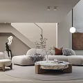 Duplex Living Room Interior Design With Curved Sofa Marble Coffee Table Staircase And Floor Lamp