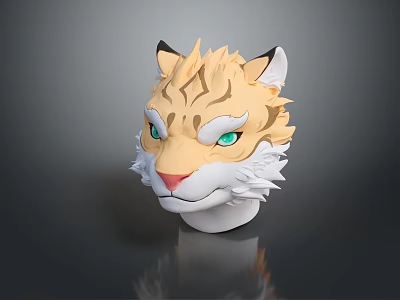 3D Feline Head Model With Green Eyes Brown Yellow Fur And White Details 3d model