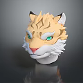 3D Feline Head Model With Green Eyes Brown Yellow Fur And White Details
