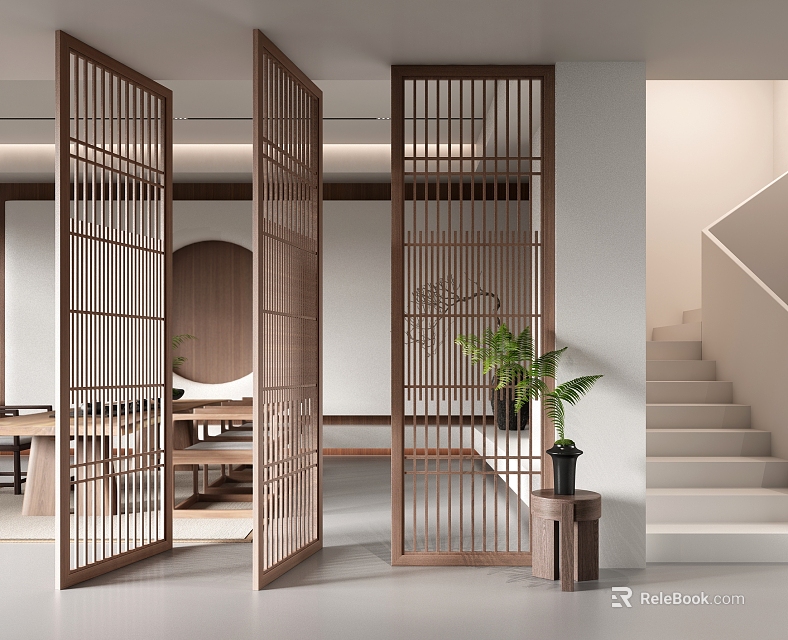 Modern Oriental Wooden Room Divider With Lattice Design In Interior Space With Staircase And Plant 3d model 