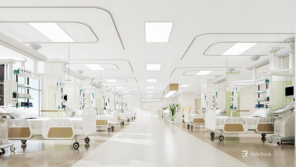 Hospital Outpatient Ward With Bright Lighting And Medical Beds 3d model 