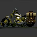 Yellow Motorcycle With Brown Luggage Bags On Green Grass Surrounded By Plants And Stone