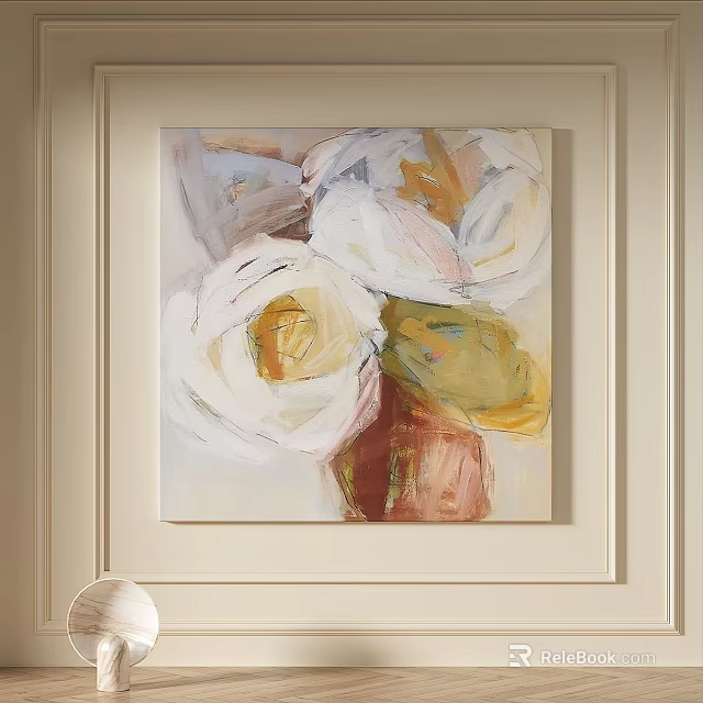 Abstract Floral Painting With White Yellow Brown Tones For Modern Interior Wall Art 3d model 