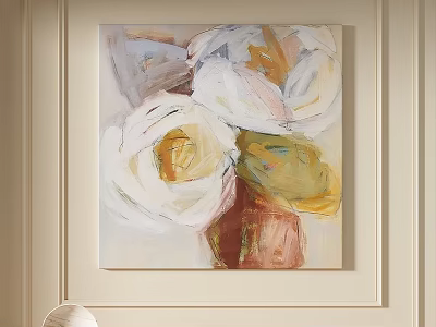 Abstract Floral Painting With White Yellow Brown Tones For Modern Interior Wall Art 3d model
