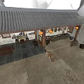 Traditional Chinese Courtyard Featuring Tile Roof Hanging Lanterns Wooden Tables And Decorative Paintings