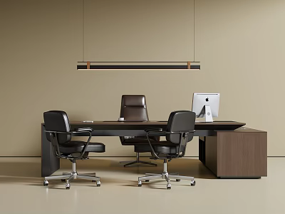 Modern Wooden Office Desk Setup With Black Chairs Computer And Hanging Light 3d model