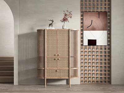 Modern Entryway Side Cabinet with Rattan Design Wooden Frame and Deer Figurine Decor 3d model