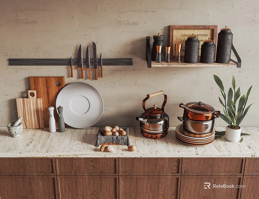 Elegant Kitchen Kitchenware Display With Copper Pots Knives Cutting Boards Plates And Jars 3d model