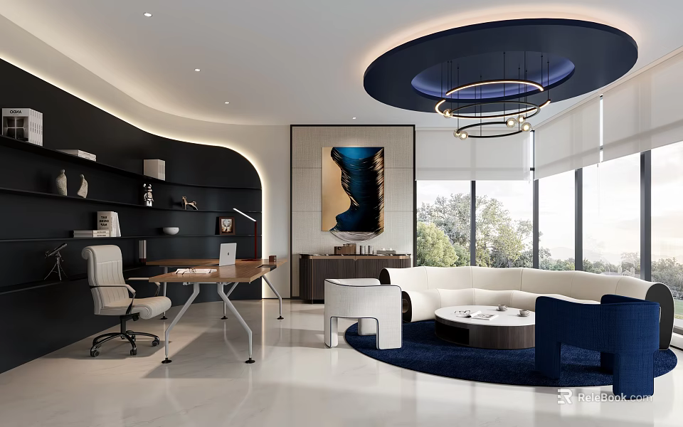 Modern Upscale Executive Office Interior With Functional Workspace And Stylish Comfortable Reception Lounge Area 3d model 