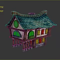 Traditional House Model Featuring Blue Tiled Roof Wooden Structure Arched Windows And Stone Columns