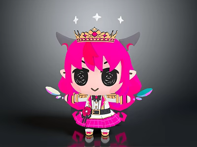 Cute Cartoon Demon Character with Pink Hair Horns Crown Stars Big Eyes and Feather 3d model