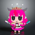 Cute Cartoon Demon Character with Pink Hair Horns Crown Stars Big Eyes and Feather