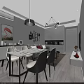 Modern Dining and Living Room Interior With Table Chairs Hanging Lights Sofa And Decorative Paintings
