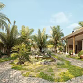 Tropical Garden Landscape With Palm Trees Lawn Stone Path And House