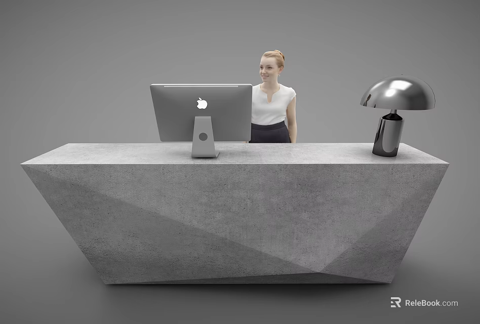 Modern Concrete Reception Desk With Apple iMac Standing Woman And Silver Lamp 3d model 
