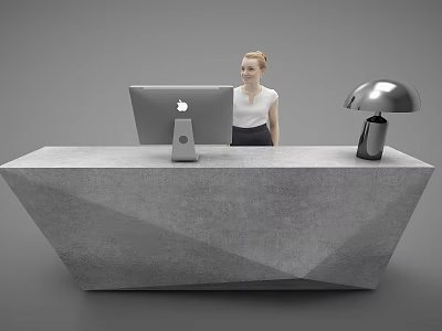 Modern Concrete Reception Desk With Apple iMac Standing Woman And Silver Lamp 3d model