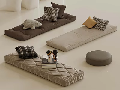 Modern Minimalist Floor Cushions With Plaid Pillows Stuffed Animal And Ottoman 3d model