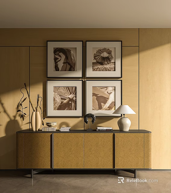 Modern Console Table with Framed Artwork Decorative Vase Table Lamp and Books 3d model