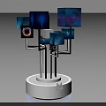 Multiple Computer Monitors Display Setup With Various Screens White Circular Base And Blue Lighting