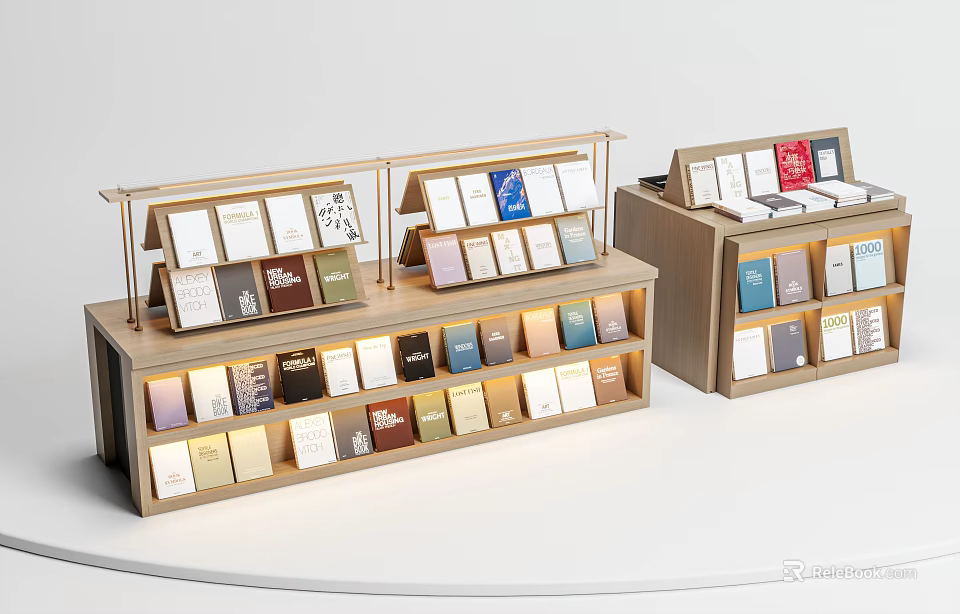 Modern Wooden Bookshelves with Metal Frames Displaying Various Colored Books on Multiple Shelves 3d model 
