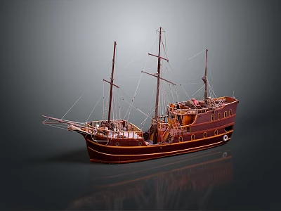 Intricate Wooden Sailboat Model with Multiple Masts and Glossy Red Brown Hull 3d model