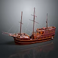 Intricate Wooden Sailboat Model with Multiple Masts and Glossy Red Brown Hull