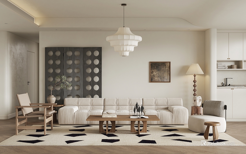Modern Living Room Interior With White Sofa Wooden Coffee Table Geometric Rug And Pendant Lamp 3d model 
