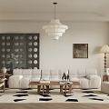 Modern Living Room Interior With White Sofa Wooden Coffee Table Geometric Rug And Pendant Lamp