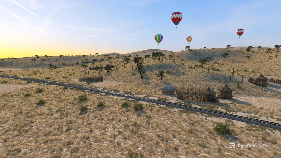 Sandy Desert Landscape With Colorful Hot Air Balloons Railroad Track Thatched Huts And Scattered Trees 3d model 