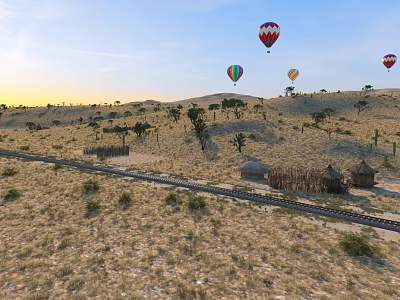 Sandy Desert Landscape With Colorful Hot Air Balloons Railroad Track Thatched Huts And Scattered Trees 3d model