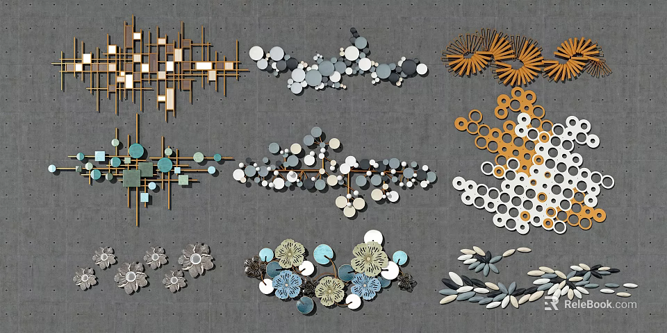 Modern Geometric Floral And Circular Wall Decor With Colorful Metal Ceramic Pieces 3d model 