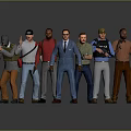 Men in Various Outfits Including Suits Holding Guns and Standing Together