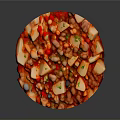 Spicy Red Sauce Dish With Tofu Cubes Meat Chunks And Fresh Vegetable Dices