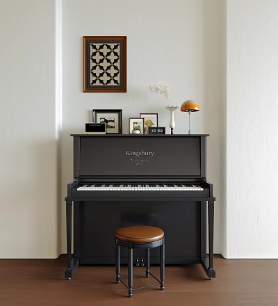 Black Kingsbury Piano With Photo Frames Decorative Painting And Stool In Interior 3d model
