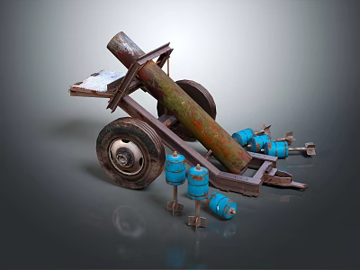 Rusty Cannon Barrel On Wheel Mounted Frame With Blue Components And Bolts 3d model