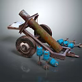 Rusty Cannon Barrel On Wheel Mounted Frame With Blue Components And Bolts 3d model