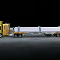 Yellow Utility Truck With Long Trailer Carrying Cylindrical Pipes on Road